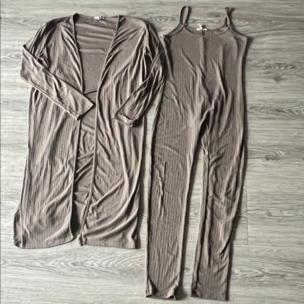 Pinkblush Maternity Taupe Ribbed Duster and Jumpsuit Set